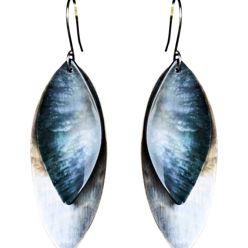 Mother of Pearl and Brass Drop Earrings - Dark Gray